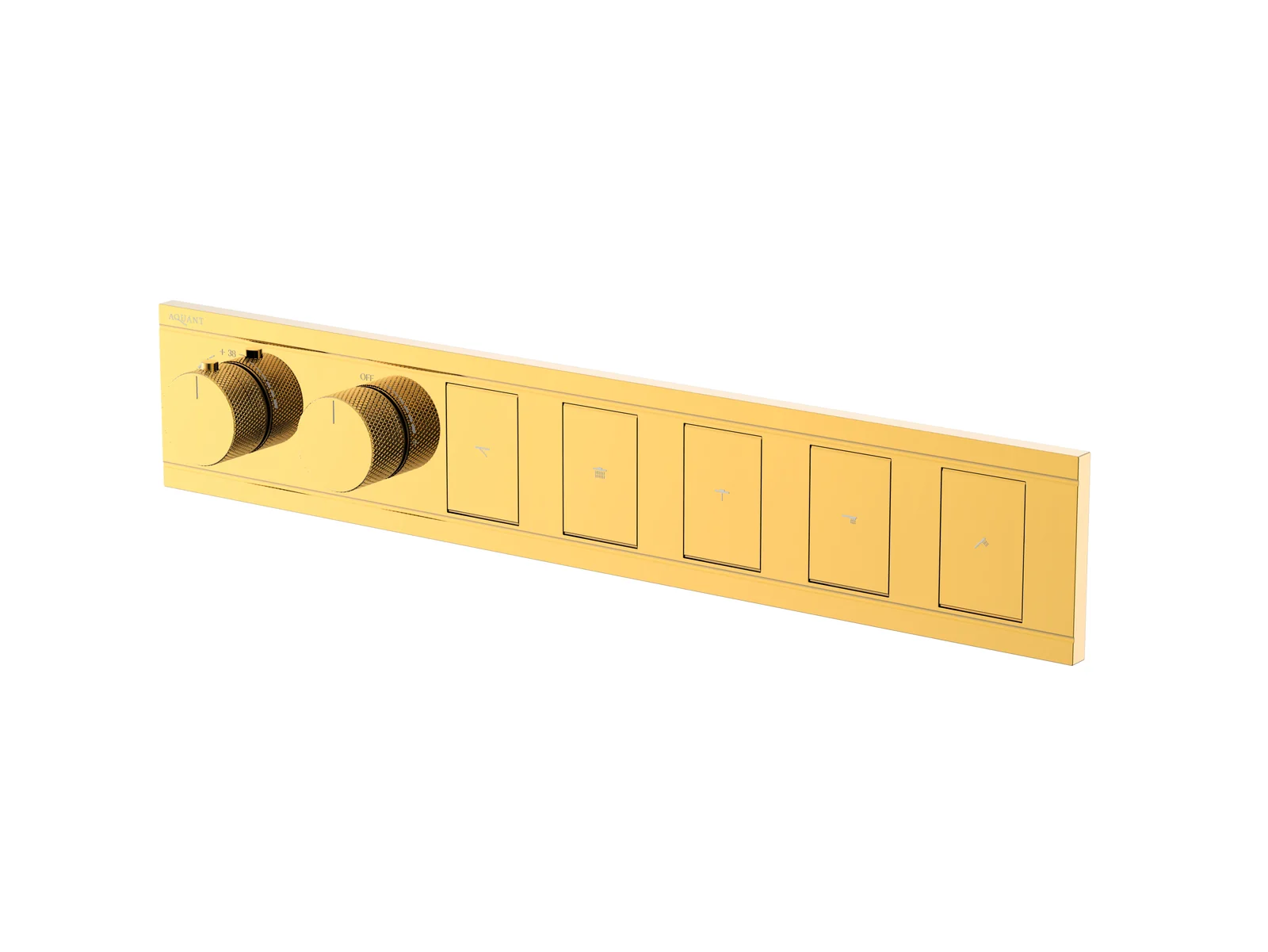 Aquant 2112 G Five-Outlet Thermostatic Switch Button Diverter · Gold — Button-select diverter with five outlets.