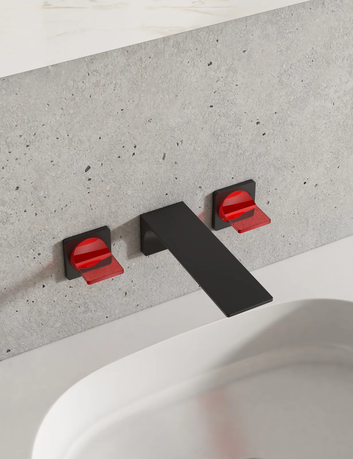 Aquant 1324 Three-Hole Wall-Mounted Basin Mixer · Matt Black / Red — Brass body. Wall-mounted for a clean counter.